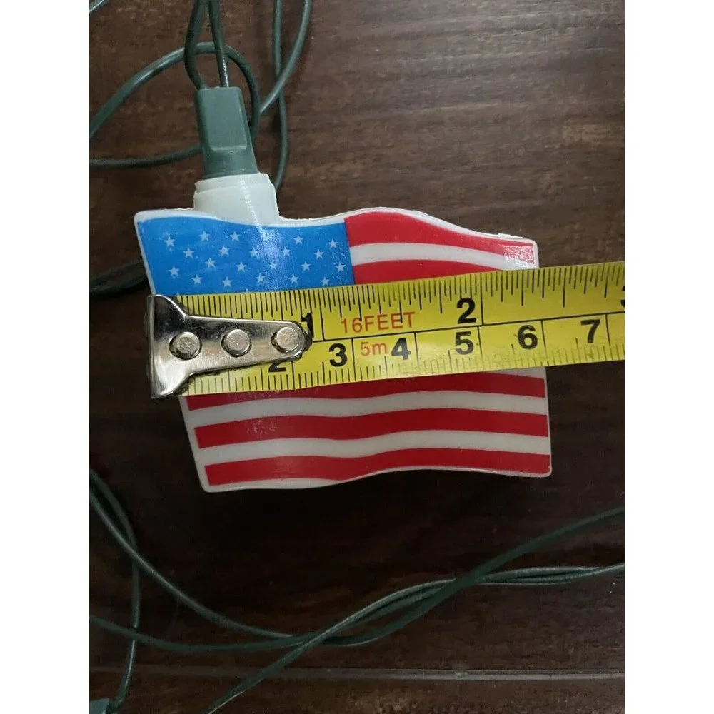 Vintage American Flag Blow Mold String Lights 10 Flags on green cord Working